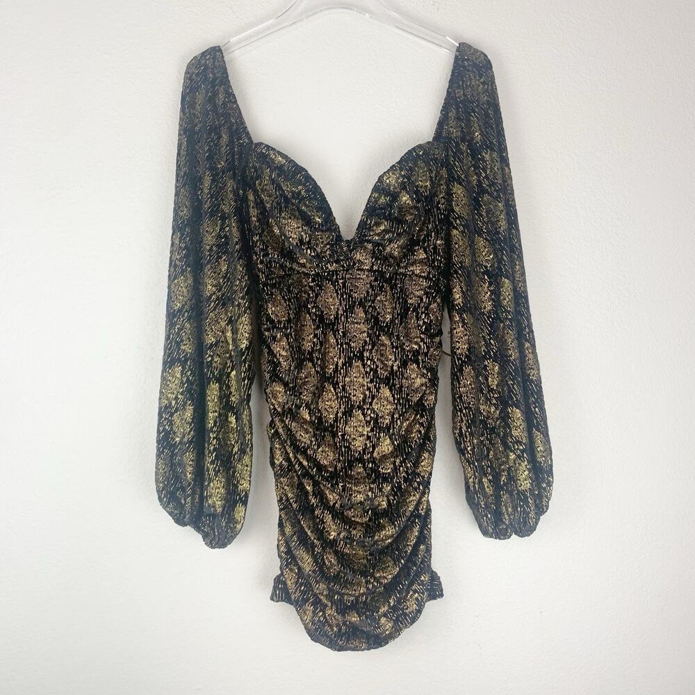 Luxxel Dress Womens Medium The Leyton Mini Ruched Black Gold Balloon Sleeves New